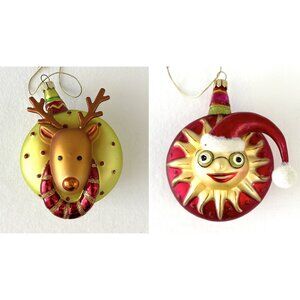 2 SUMMIT Blown Glass Christmas Ornaments 4.5” Red Celestial Sun & Green Reindeer